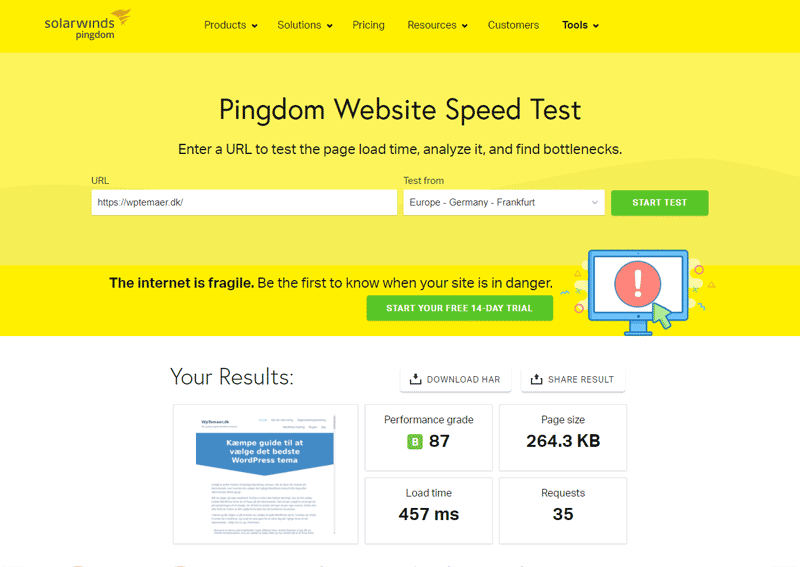 Pingdom hastigheds test